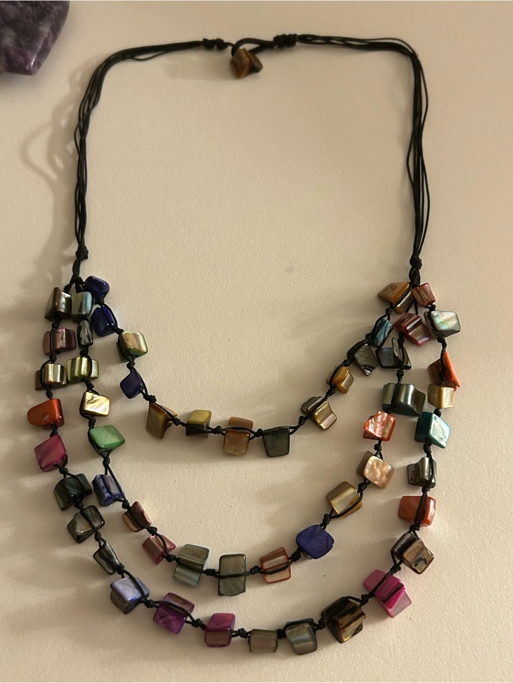 Vintage Mother of Pearl 3-strands of bright, dyed nuggets handstrung, black cord